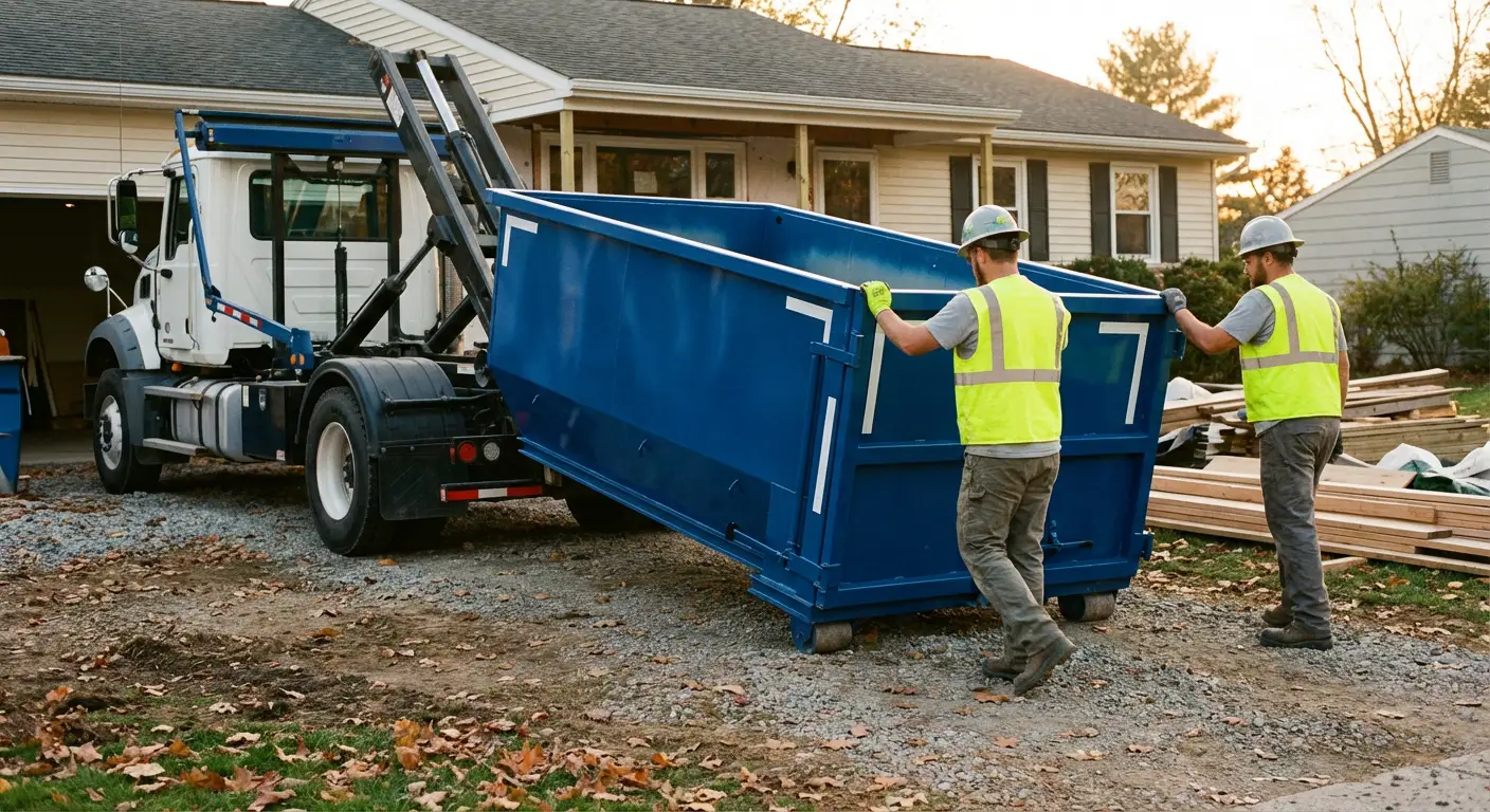 Construction dumpster delivery truck in action in Kennewick, WA