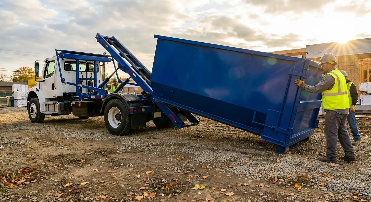 Construction dumpster delivery truck at job site in Kennewick, WA
