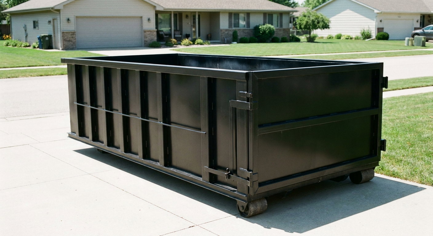 Matte-black 10-yard roll-off dumpster on a residential concrete driveway in Kennewick, uniformly painted matte black across every panel and rail, ribbed steel sidewalls and rear swing door visible, mid-day daylight.