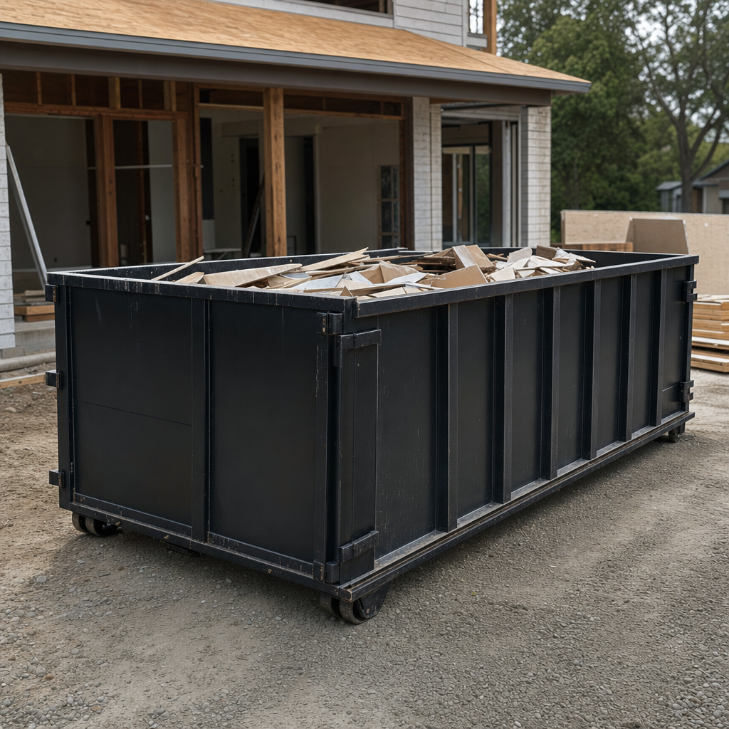 Large matte-black 30-yard construction roll-off dumpster at an active Kennewick jobsite, steel-gray top rails and bottom rollers visible, loaded with construction debris.