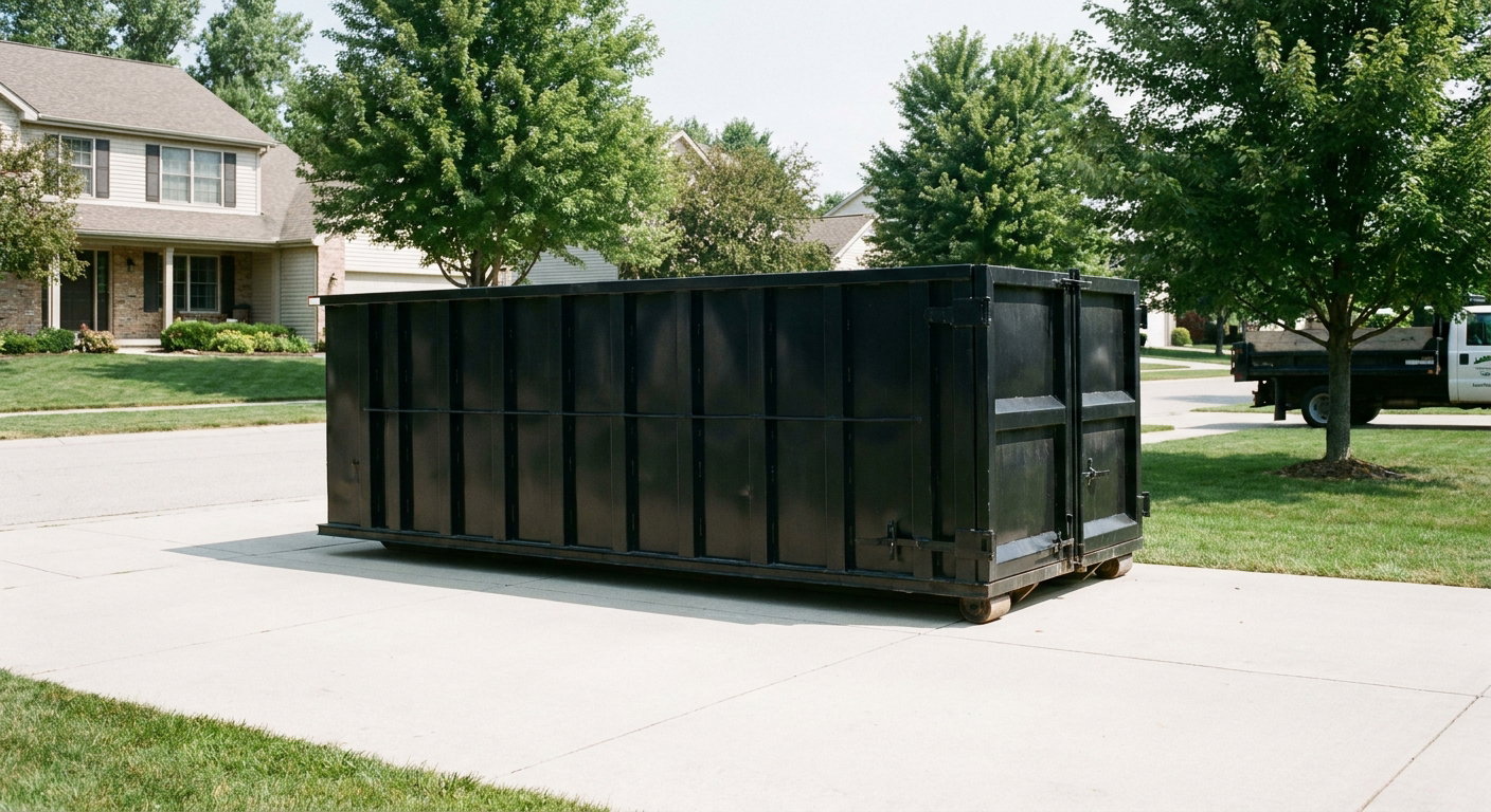 Matte-black 20-yard roll-off dumpster sitting level on a clean Kennewick residential concrete driveway under bright daylight, demonstrating clean placement directly on the concrete.