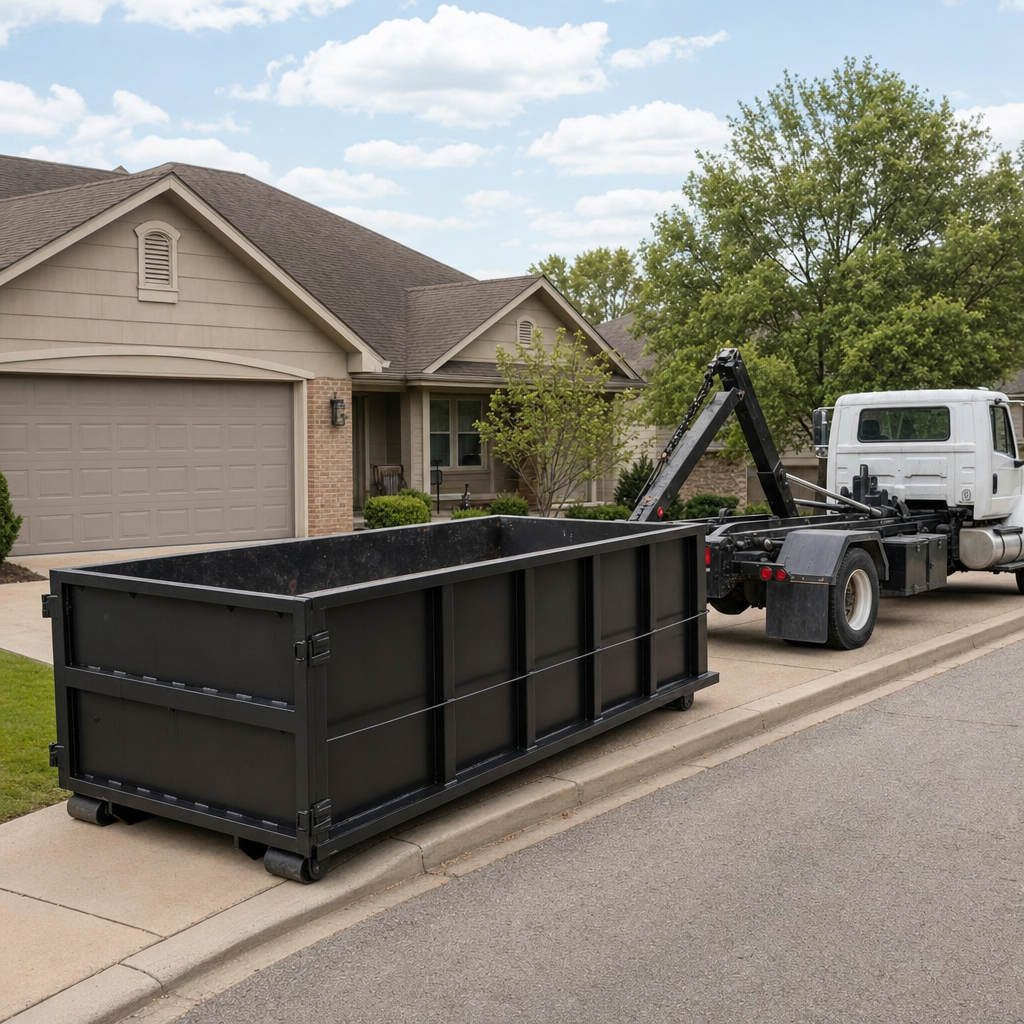 Wide documentary shot of a matte-black roll-off dumpster on a Kennewick residential driveway in the foreground and a contractor jobsite container in the soft-focus background, bright daylight, calm and orderly composition.